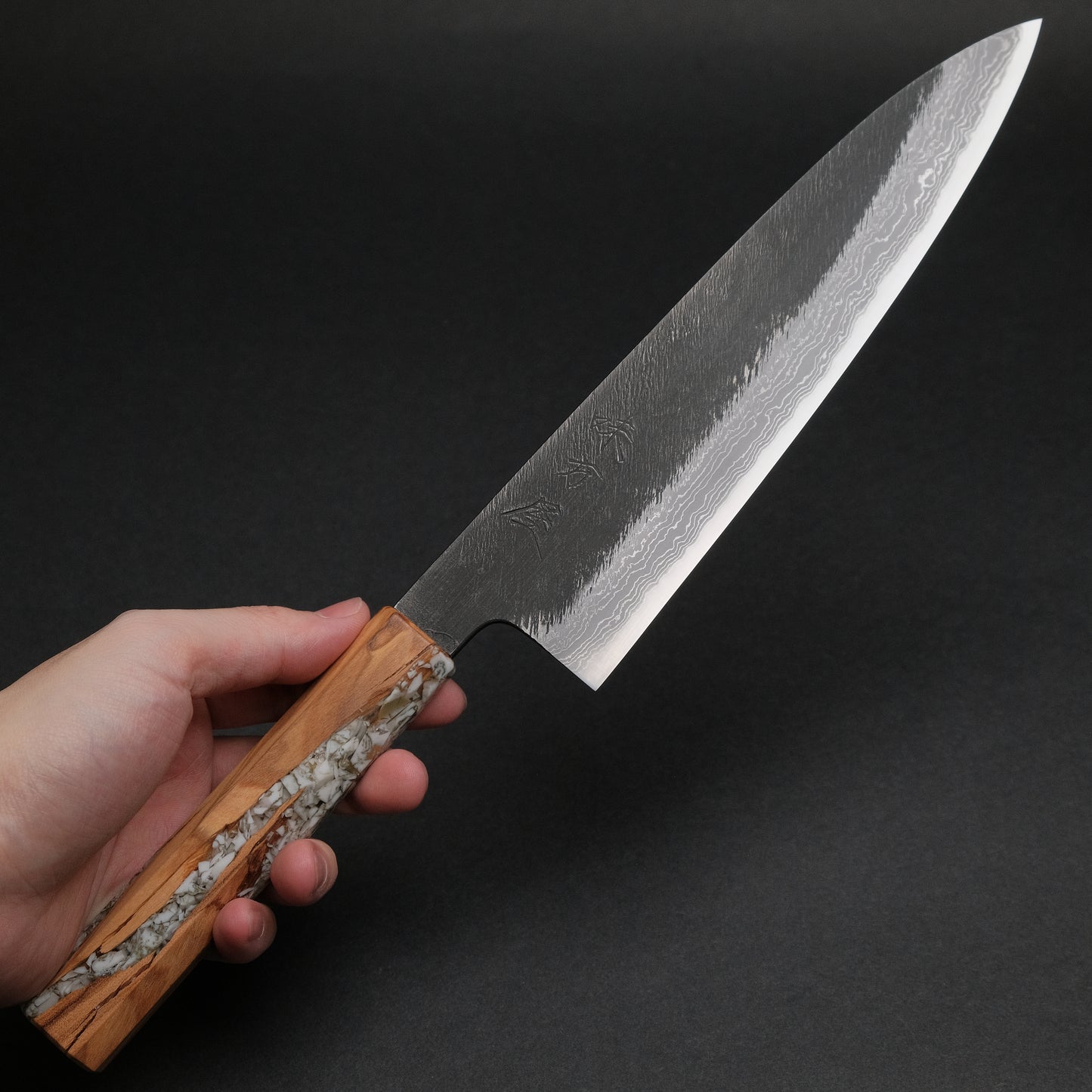 Ajikataya White #2 Matsuba Damascus Gyuto 210 Olive/ TQPRV Handle (#13)