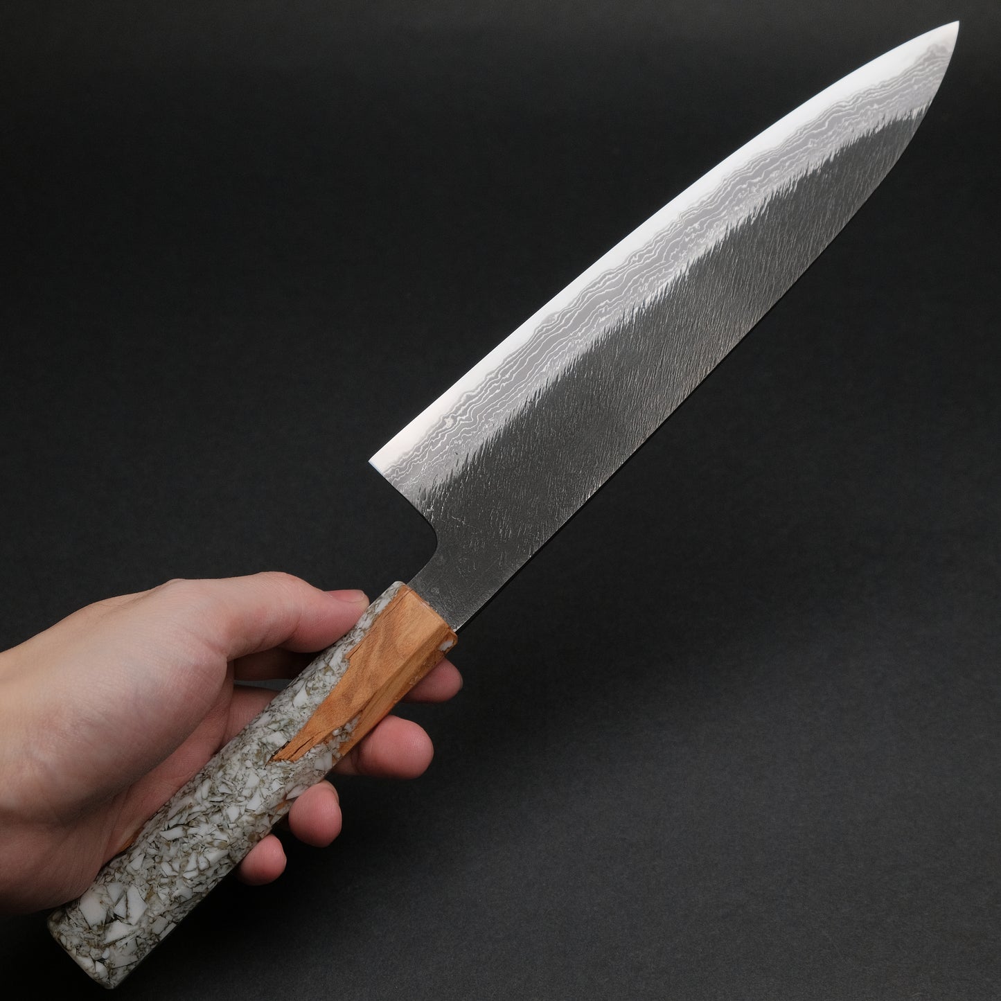 Ajikataya White #2 Matsuba Damascus Gyuto 210 Olive/ TQPRV Handle (#13)