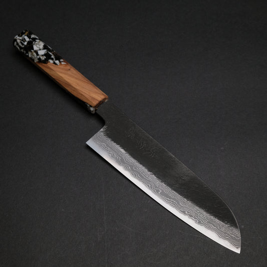 Ajikataya White #2 Matsuba Damascus Santoku 180 Olive/ TQPRV Handle (#20)