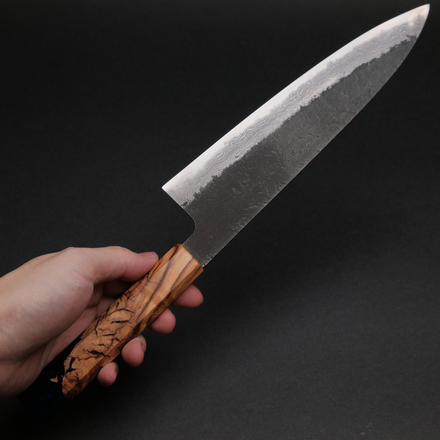 Ajikataya White #2 Nashiji Damascus Gyuto 210 Olive/ Resin Handle (#46)