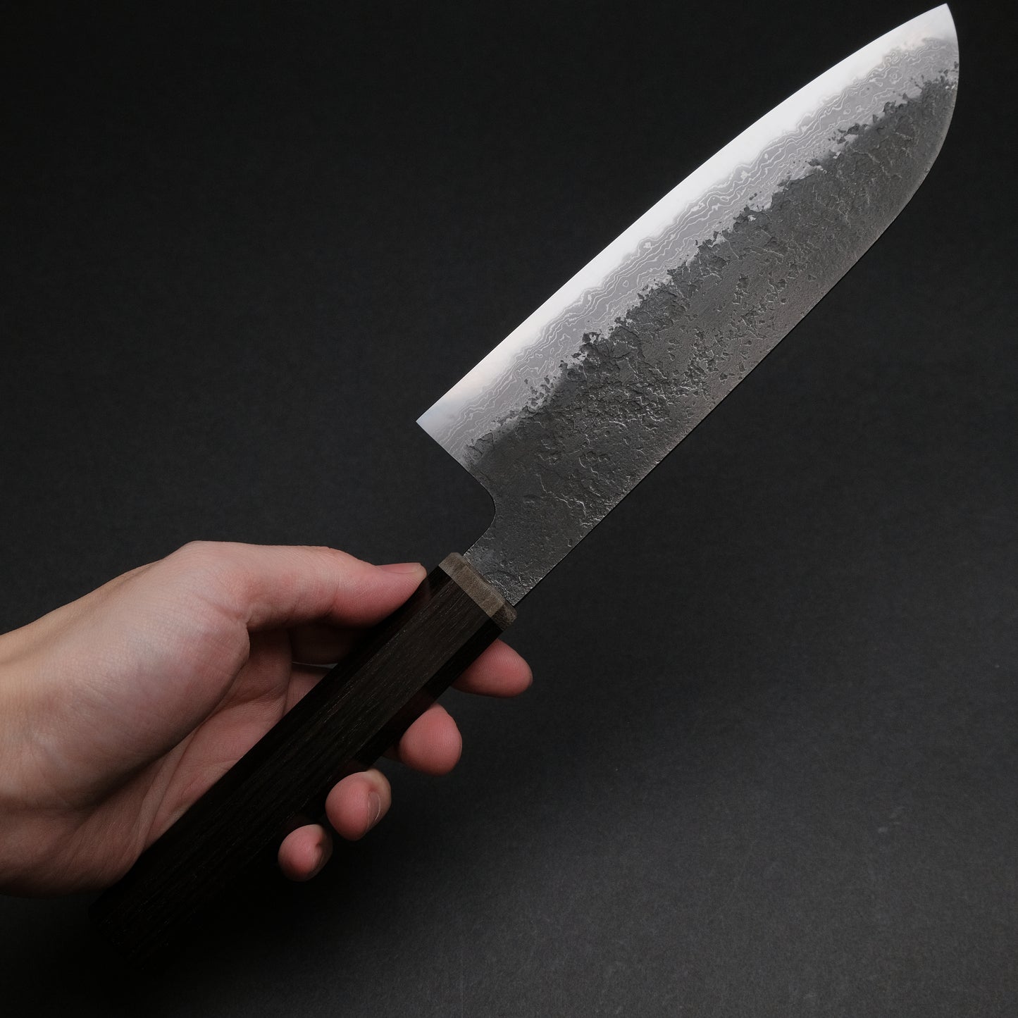 Ajikataya White #2 Nashiji Damascus Santoku 180 Ebony x Stabilizedwood Handle (#50)