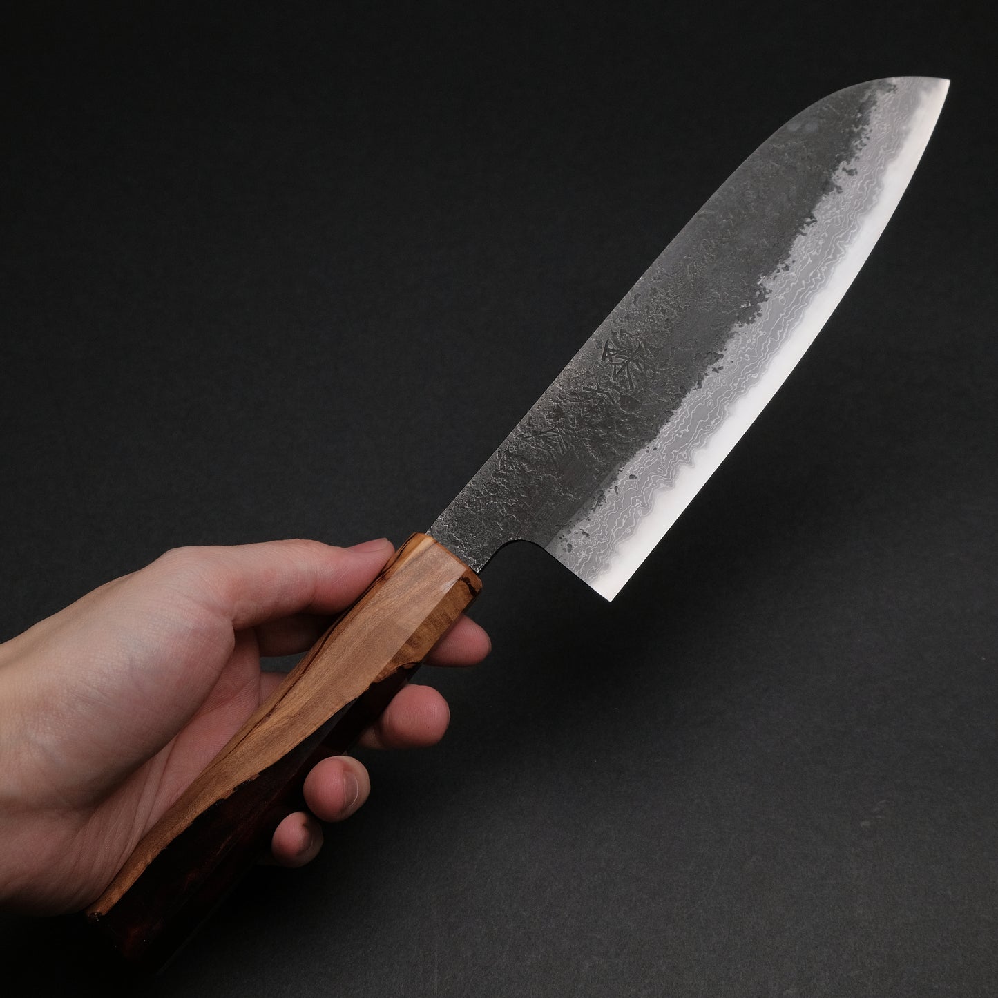 Ajikataya White #2 Nashiji Damascus Santoku 180 Olive/ Resin Handle (#49)