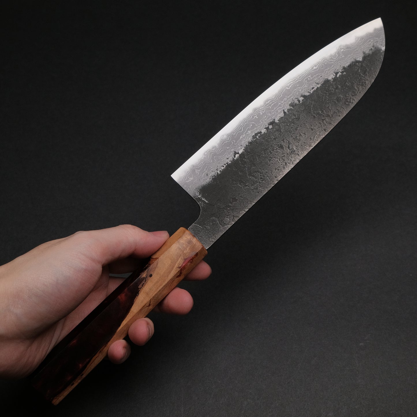 Ajikataya White #2 Nashiji Damascus Santoku 180 Olive/ Resin Handle (#49)