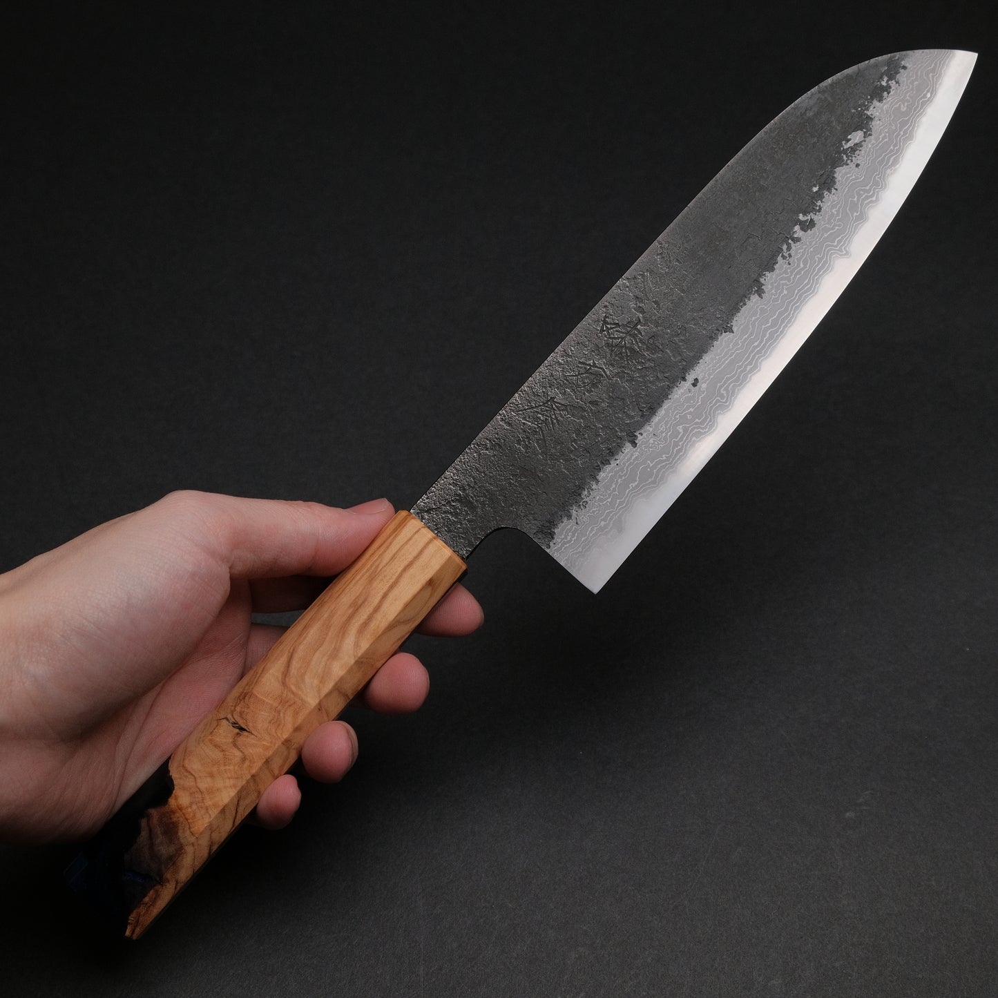 Ajikataya White #2 Nashiji Damascus Santoku 180 Olive/ Resin Handle (#49)