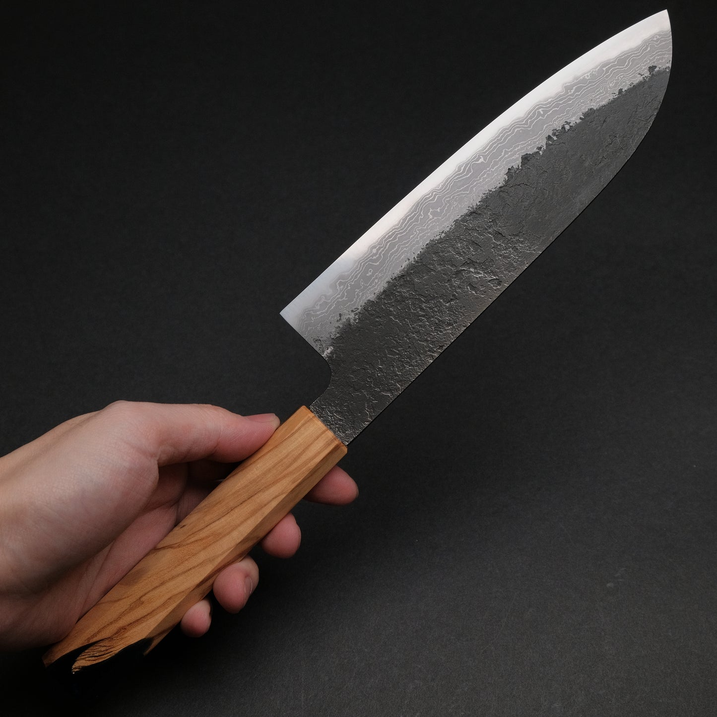 Ajikataya White #2 Nashiji Damascus Santoku 180 Olive/ Resin Handle (#49)