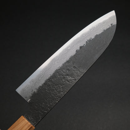 Ajikataya White #2 Nashiji Damascus Santoku 180 Olive/ Resin Handle (#49)