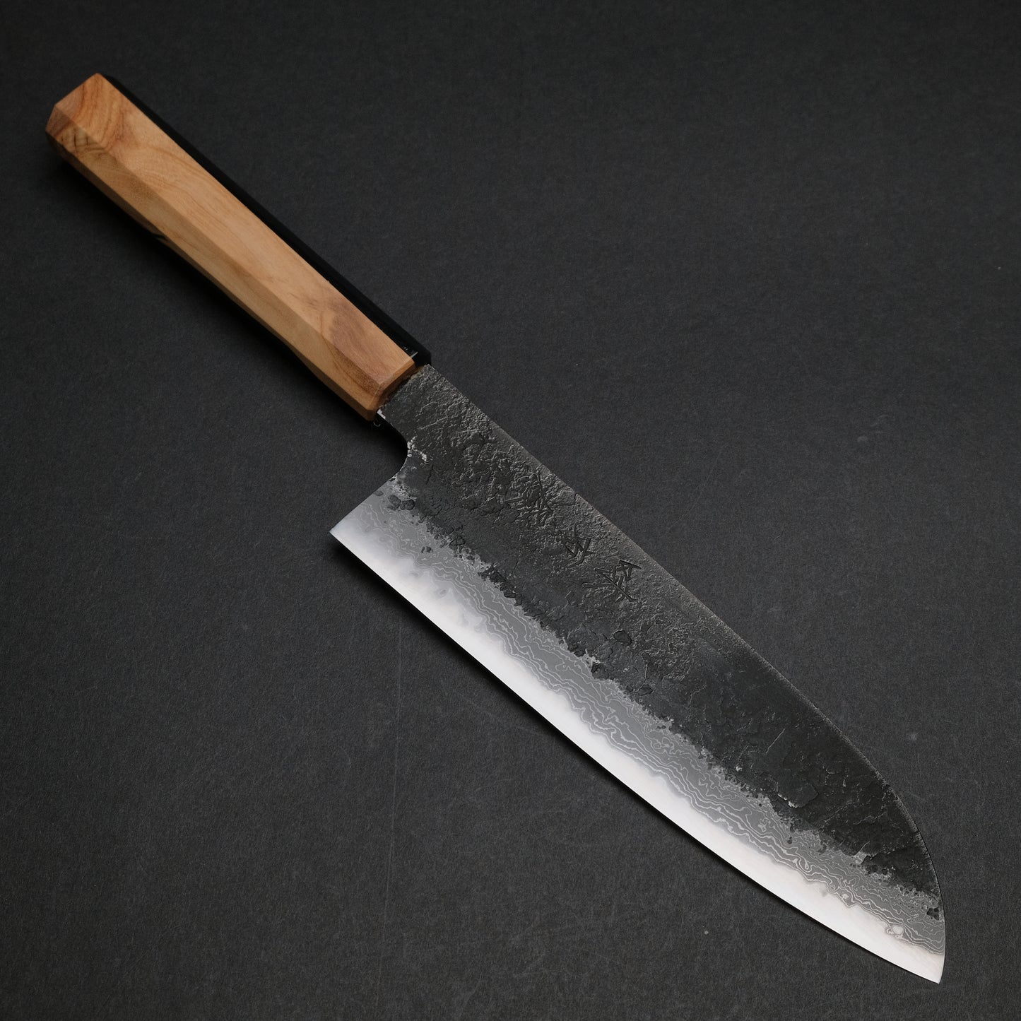 Ajikataya White #2 Nashiji Damascus Santoku 180 Olive/ Resin Handle (#49)