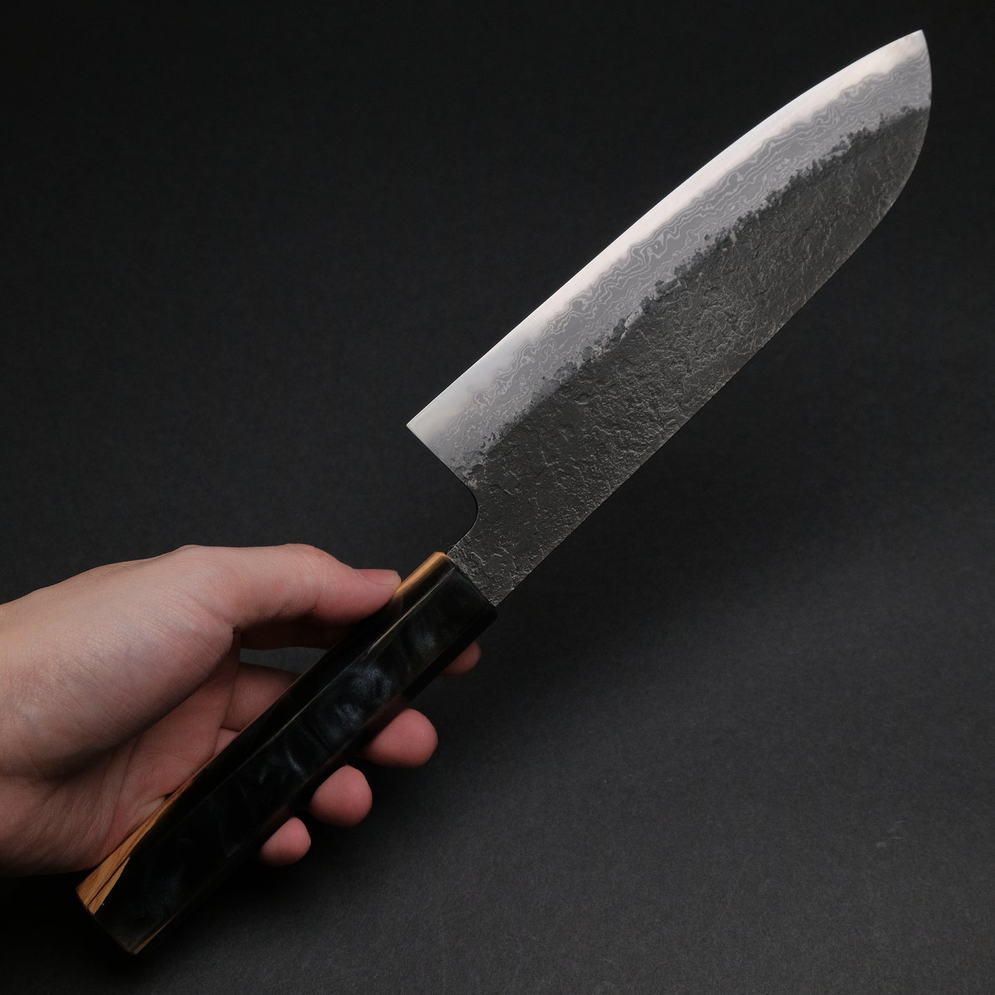 Ajikataya White #2 Nashiji Damascus Santoku 180 Olive/ Resin Handle (#49)