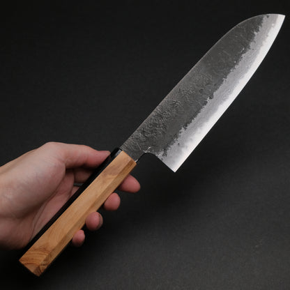 Ajikataya White #2 Nashiji Damascus Santoku 180 Olive/ Resin Handle (#49)