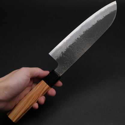 Ajikataya White #2 Nashiji Damascus Santoku 180 Olive x Buffalo Horn Handle (#51)