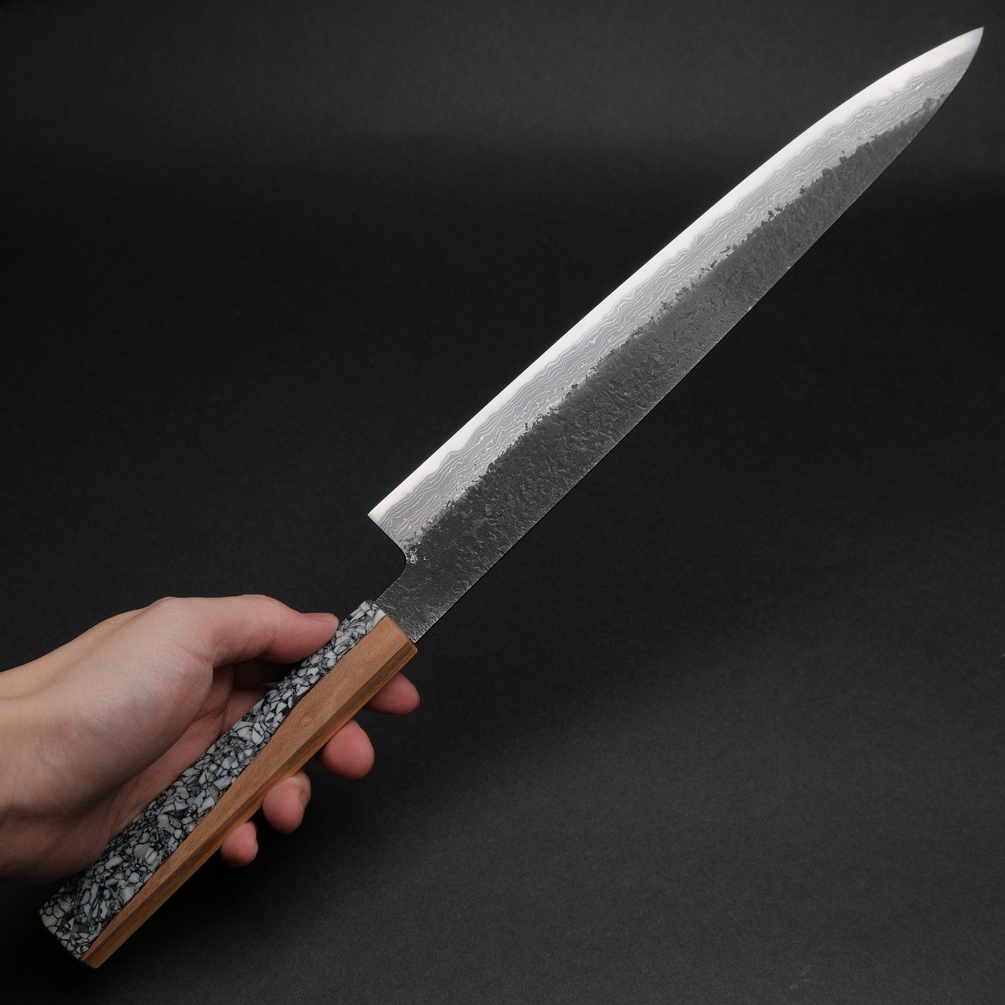 Ajikataya White #2 Nashiji Damascus Sujihiki 270 Olive/ TQRV Handle (#36)