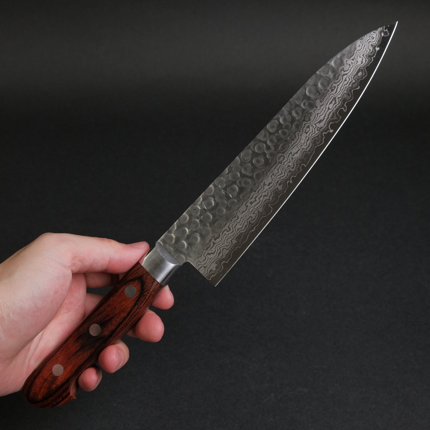 Hitohira HG Tsuchime Damascus Gyuto 180mm Imitation Mahogany Handle