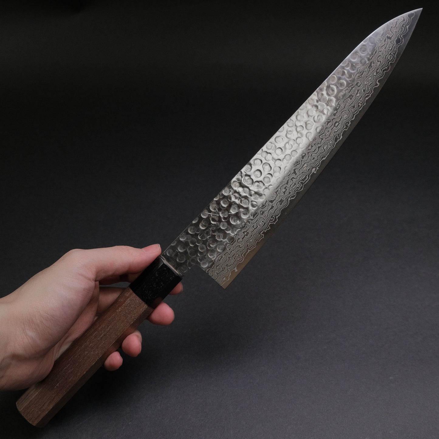 Hitohira HG Tsuchime Damascus Gyuto 240mm Walnut Handle